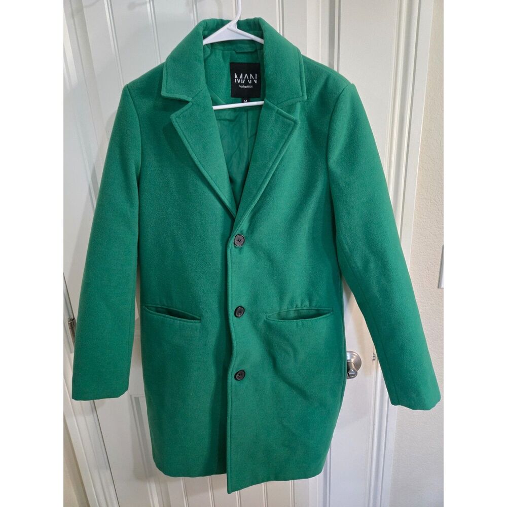 BoohooMAN Men’s Medium Green Overcoat Longline 3 Button Notch Lapel Coat